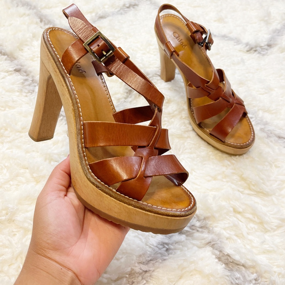 Chloe Heels Brown Strappy Open Toe shoes Slingback buckle size 38 or 8
